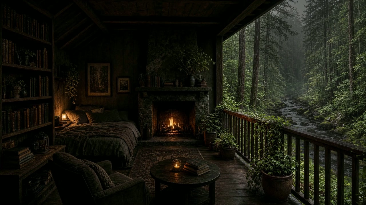 A firelit forest balcony with books, candles and a stream beneath rain-soaked trees